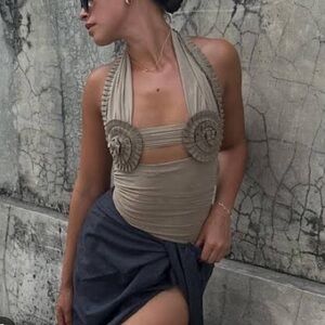 Bec & Bridge Tan Ruched Crop Top